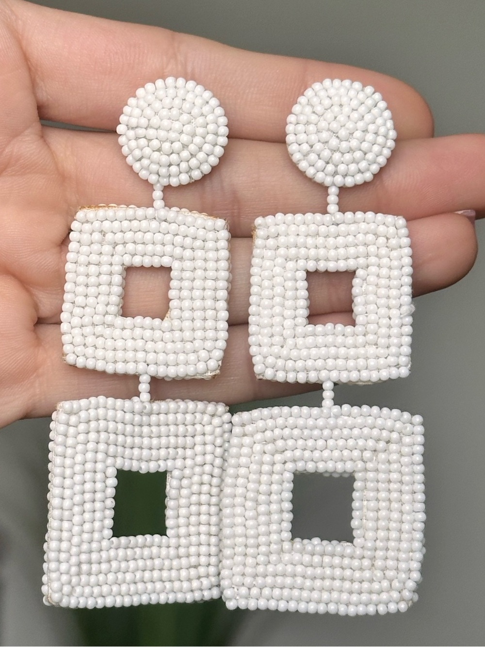 White Statement Beaded Geometric Drop Earrings